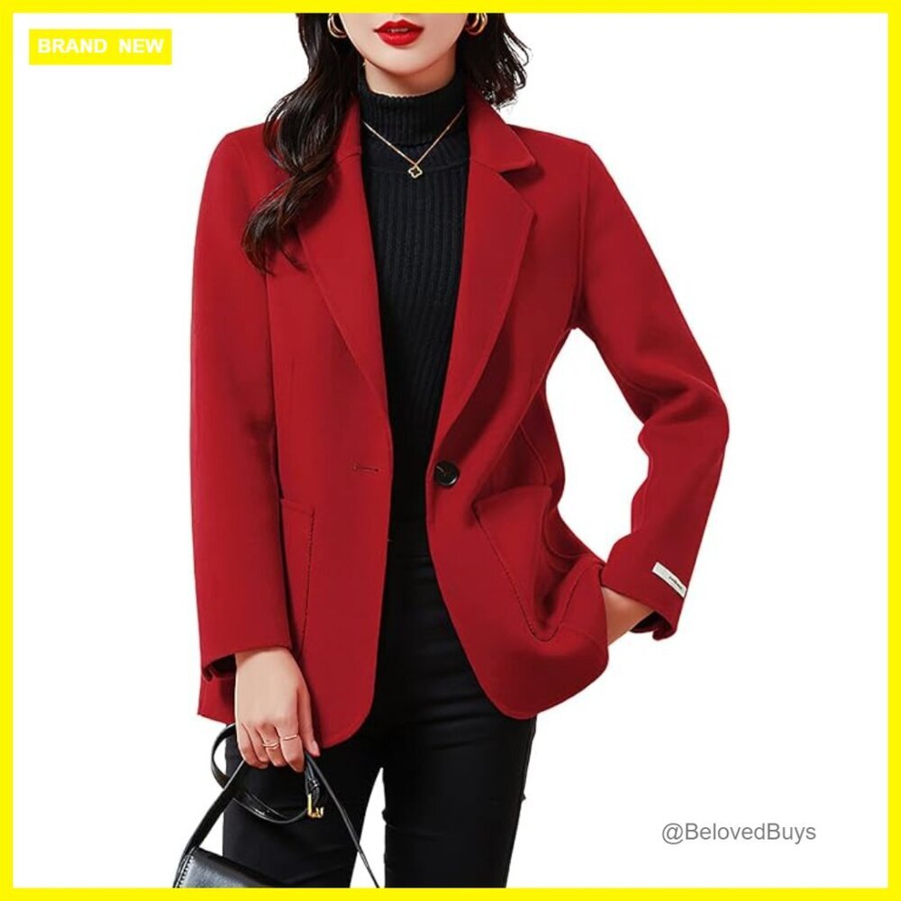 Wool Blend Blazer Pea Coat Notched Lapel Button Office Jacket Slim Fit